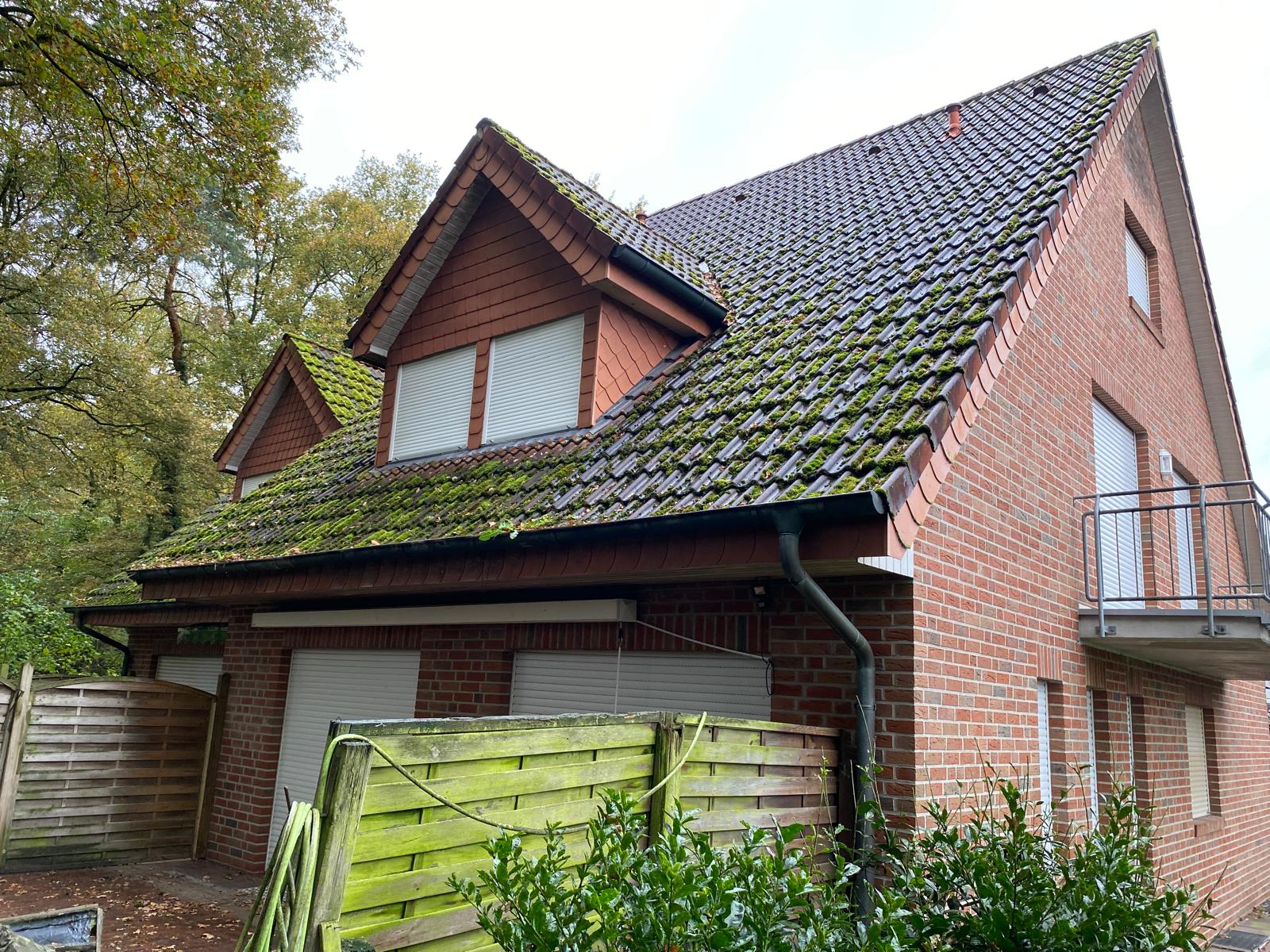 Dachreinigung Hoogstede Vorher: Starker Moosbewuchs auf einem Hausdach.